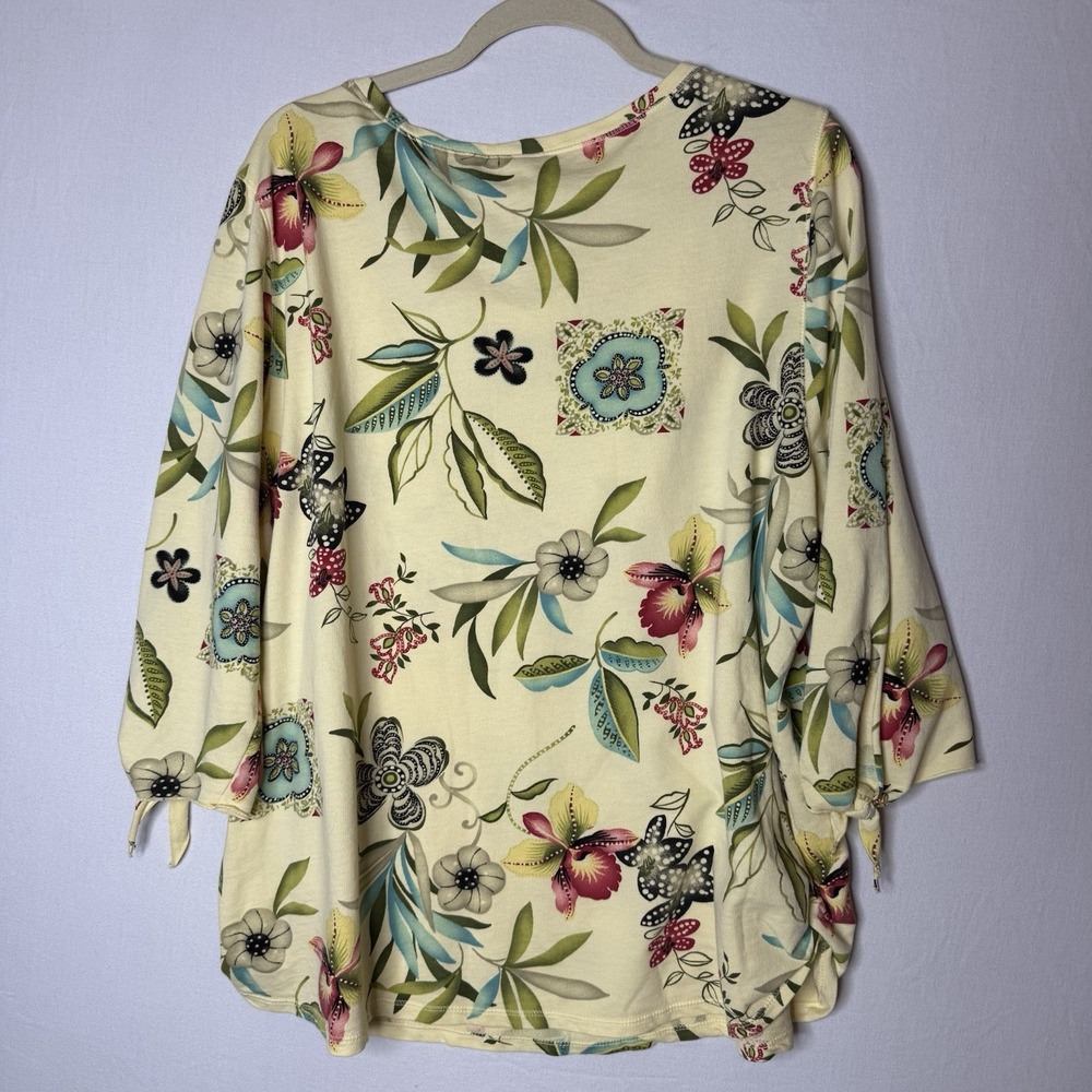 Hot Cotton Floral Top Sz 1X XL Garden‎ Colorful 3/4 Slv Tie Summer Nature Yellow - Picture 6 of 9